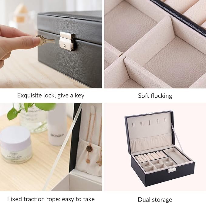 VINSU Jewelry Organizer Box 2 Layer Earring Organizer PU Leather Travel Jewelry Case with Lock with Lock with Removable Tray for Rings Earrings Necklace Bracelets Watches (multicolour) - Image 4
