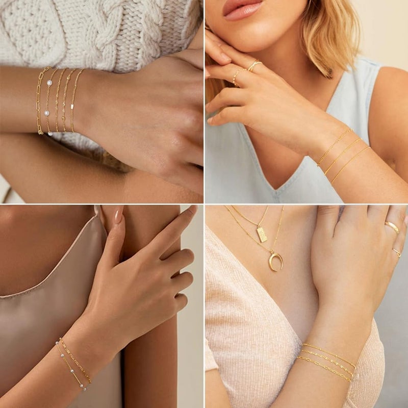 Goodern Gold Bracelets for Women,5 PCS Gold Layered Bracelets Sets 14K Gold Plated Stackable Bracelet Set Thin Beaded & Paperclip Chain Waterproof Trendy Jewelry Gift Gold Accessories for Women Girls - Image 2