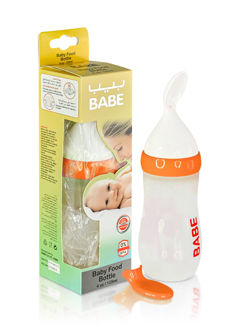 BABE - Baby Silicone Body Cereal Feeding Bottle with PP Material Spoon, 4oz/125ml, 3+ Months, PP Material Spoon, BPA Free, Orange - Image 1