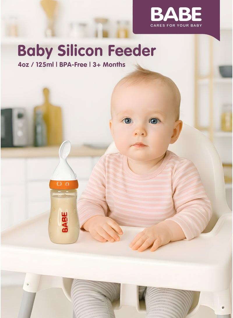 BABE - Baby Silicone Body Cereal Feeding Bottle with PP Material Spoon, 4oz/125ml, 3+ Months, PP Material Spoon, BPA Free, Orange - Image 2