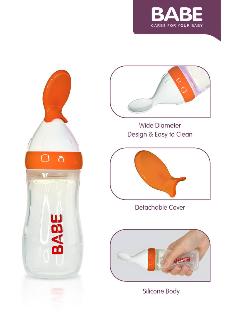 BABE - Baby Silicone Body Cereal Feeding Bottle with PP Material Spoon, 4oz/125ml, 3+ Months, PP Material Spoon, BPA Free, Orange - Image 5