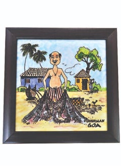 GOA2GULF Goa2Gulf Azulejos Hand Painted Baked Tile with Frame in Color - Fisherman 17 x 17 cm 