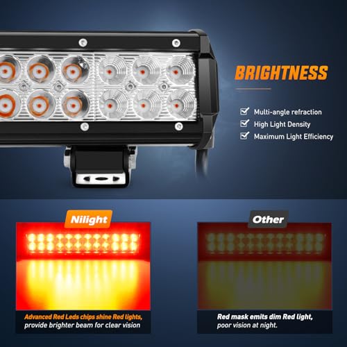 Nilight LED Light Bar 12 Inch 72W Spot Flood Combo Red Beam Off Road Lights Fishing Hunting Emergency Deck Lights Boat Lights LED Work Light for Trucks UTV Pick-up Van Boat Tractor - Image 3