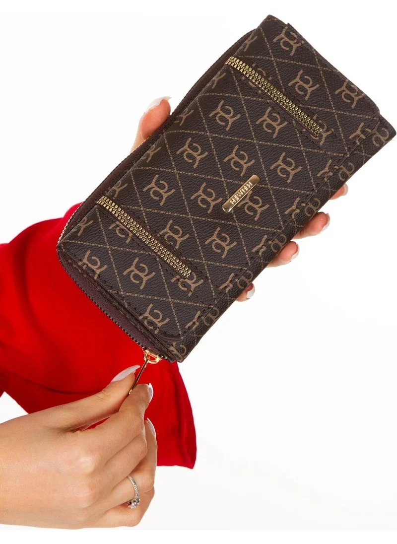 Newish Polo Double Zipper Detailed Patterned Vegan Leather Card Holder and Banknote Compartment Stylish Women's Wallet Brown