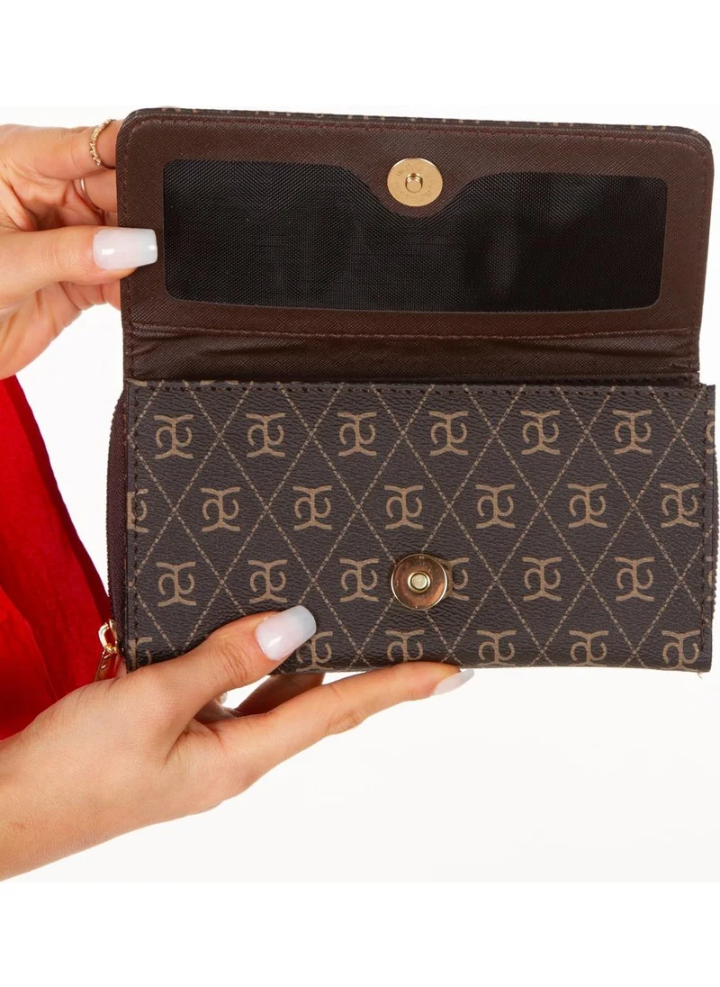 Newish Polo Double Zipper Detailed Patterned Vegan Leather Card Holder and Banknote Compartment Stylish Women's Wallet Brown