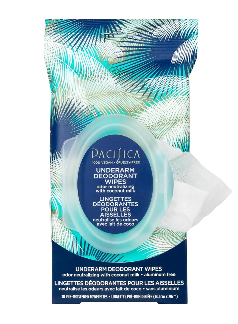 Pacifica Beauty Pacifica Beauty, Coconut Milk & Essential Oils Underarm Deodorant Wipes, 30 Count, Remove Odor On-The-Go, Aluminum Free, Travel Friendly, Fresh Coconut Scent, Vegan and Cruelty Free - Image 1