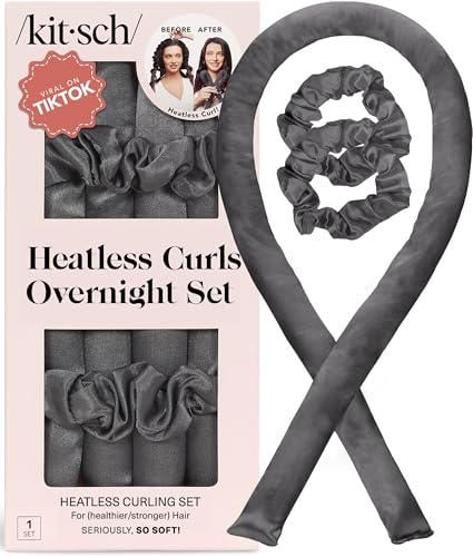 Kitsch Satin Heatless Curlers Set Heatless Curls Overnight w 34 Hair Waver 2 Satin Hair Scrunchies Comfortable Hair Curlers to Sleep In for FrizzFree No Heat Damage Styling Charcoal - Image 1