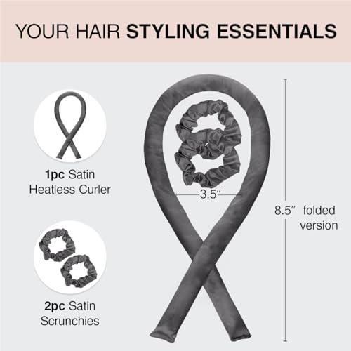 Kitsch Satin Heatless Curlers Set Heatless Curls Overnight w 34 Hair Waver 2 Satin Hair Scrunchies Comfortable Hair Curlers to Sleep In for FrizzFree No Heat Damage Styling Charcoal - Image 3