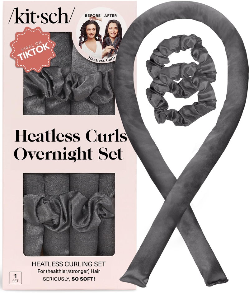 Kitsch Satin Heatless Curlers Set Heatless Curls Overnight w 34 Hair Waver 2 Satin Hair Scrunchies Comfortable Hair Curlers to Sleep In for FrizzFree No Heat Damage Styling Charcoal - Image 2