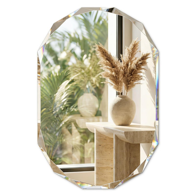 Pocetry 36"x24" Frameless Capsule Oval Bathroom Mirror, Faceted Diamond-Cut Oblong Vanity Mirror, Pill Shaped Wall Mirror with Solid Backing for Over Sink, Art Deco Glam Decor - Image 1
