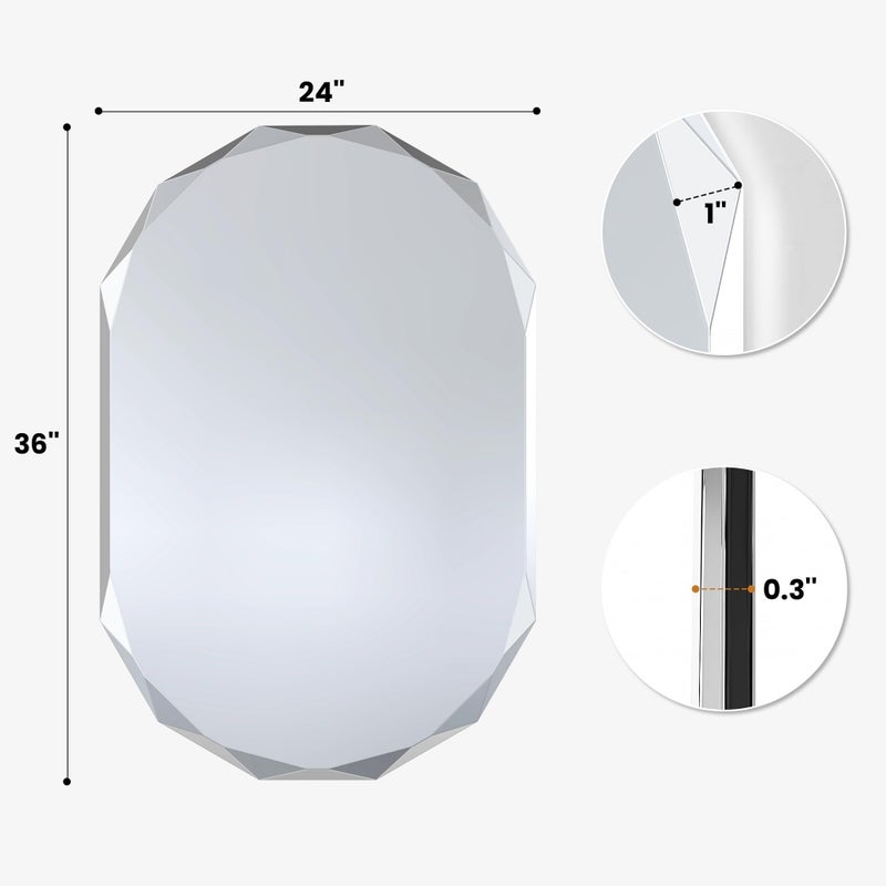 Pocetry 36"x24" Frameless Capsule Oval Bathroom Mirror, Faceted Diamond-Cut Oblong Vanity Mirror, Pill Shaped Wall Mirror with Solid Backing for Over Sink, Art Deco Glam Decor - Image 5