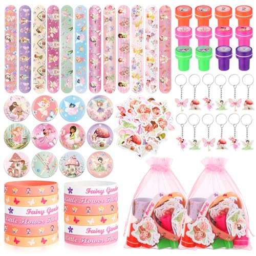 Funrous 122 Pcs Fairy Party Favors Bulk with Woodland Fairy Silicone Slap Bracelets Keychains Stickers Stampers Badges Gifts Bags for Fairytale Garden Forest Birthday Baby Shower Party Supplies - Image 1
