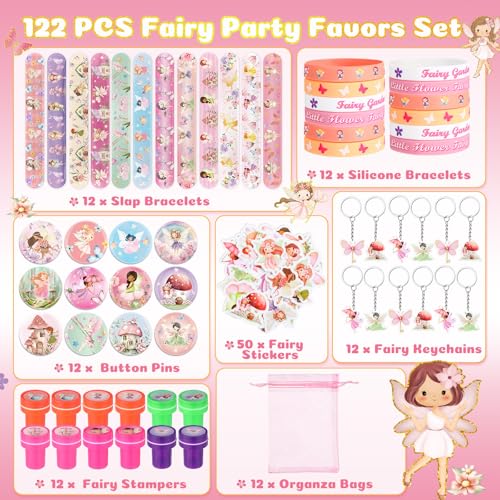 Funrous 122 Pcs Fairy Party Favors Bulk with Woodland Fairy Silicone Slap Bracelets Keychains Stickers Stampers Badges Gifts Bags for Fairytale Garden Forest Birthday Baby Shower Party Supplies - Image 5