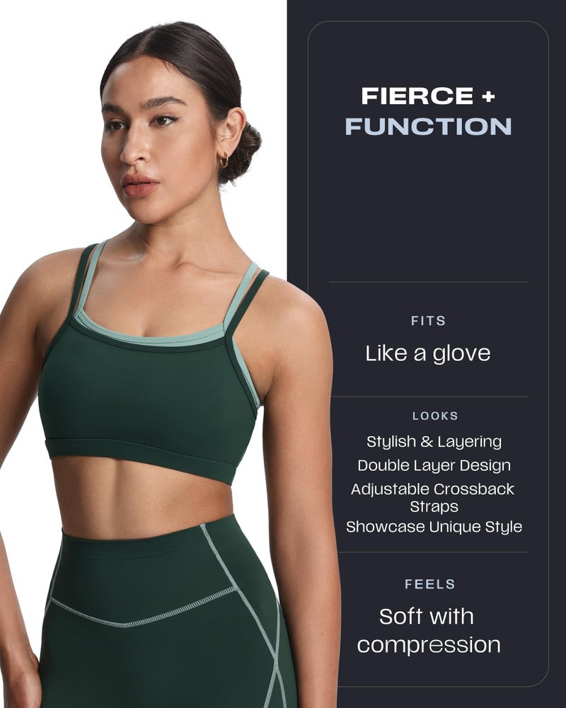 Aoxjox Women's Workout Sports Bras Takes Two Bra High Impact Training Fitness Running Yoga Crop Tank (Forest Green/Sage Green, Small) - Image 2
