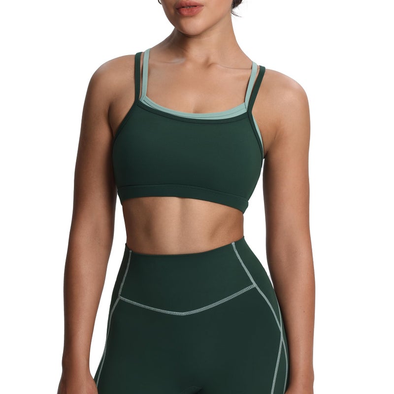 Aoxjox Women's Workout Sports Bras Takes Two Bra High Impact Training Fitness Running Yoga Crop Tank (Forest Green/Sage Green, Small) - Image 1