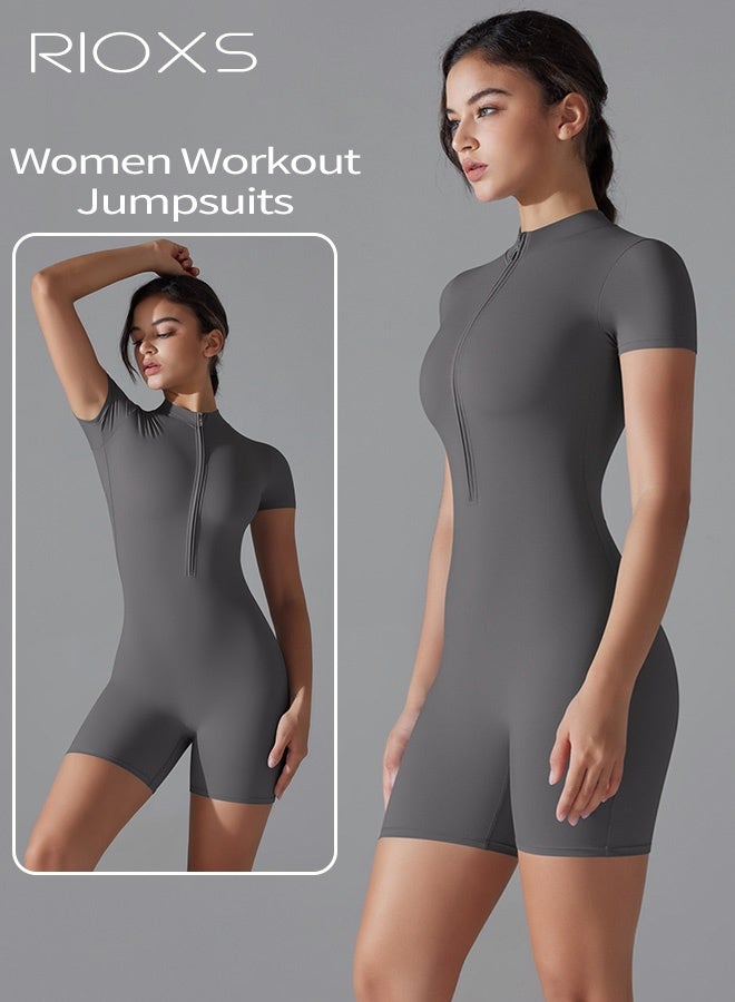RIOXS Women's Workout Jumpsuits, 3/4 Zipper Short-Sleeved Jumpsuit, Stretch One Piece Yoga Rompers, Ladies Quick Drying Gym Rompers, Tummy Control Bodycon Bodysuit for Women, Jumpsuits for Pilates, Jogging, Running or Lounging, Dark Grey Sports Jumpsuit - Image 5