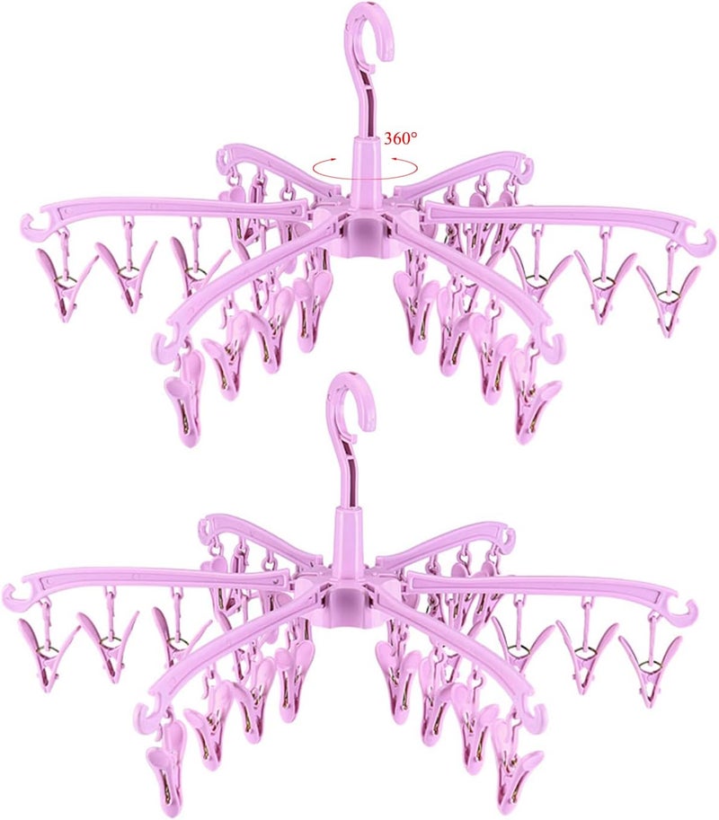 BONYCUST Foldable Drying Rack with 24 Clips for Drying Socks Lingerie Baby Clothes Drying Towels Rotatable Sock Drying Rack 2 PCS (Pink) - Image 1