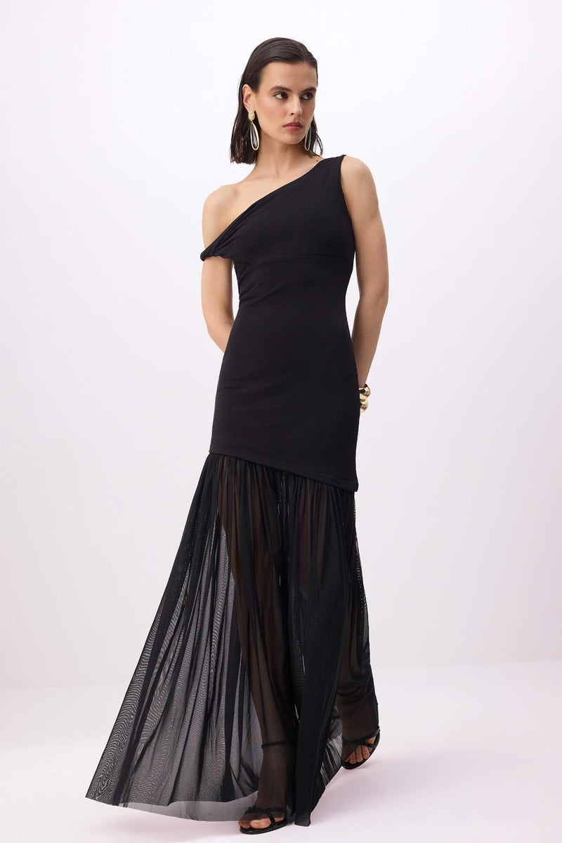 trendyol Black Knitted Tulle Skirt Detailed Maxi Evening Dress & Graduation Dress Tprss26Ae00058 - Image 1