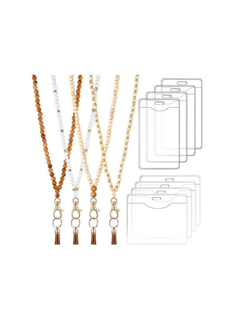 Y&D Bohemian Bead Lanyards, 12 Pieces Retro Style Wood Beaded Lanyards and Card Holder Set, Including 4 Wooden Neck Strap with Tassel 8 Clear Holders, for Keys, Phone Bags, ID - Image 1