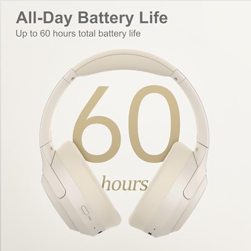 LORELEI QC60 Hybrid Active Noise Cancenlling Headphones,Wireless over ear Bluetooth Headsets with mic, 60H Playtime Foldable Lightweight, Deep Bass, Memory Earmuffs,for Travel Home Office(Beige White) - Image 4