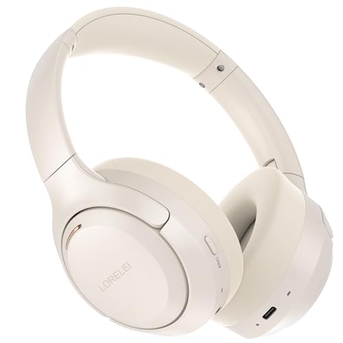 LORELEI QC60 Hybrid Active Noise Cancenlling Headphones,Wireless over ear Bluetooth Headsets with mic, 60H Playtime Foldable Lightweight, Deep Bass, Memory Earmuffs,for Travel Home Office(Beige White) - Image 1