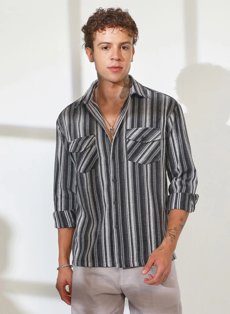 Campus Sutra Campus Sutra Men's Charcoal Grey Multitrack Striped Oversized Shirt For Casual Wear | Spread Collar | Long Sleeve | Button Closure | Oversized Shirt Crafted With Comfort Fit For Everyday Wear