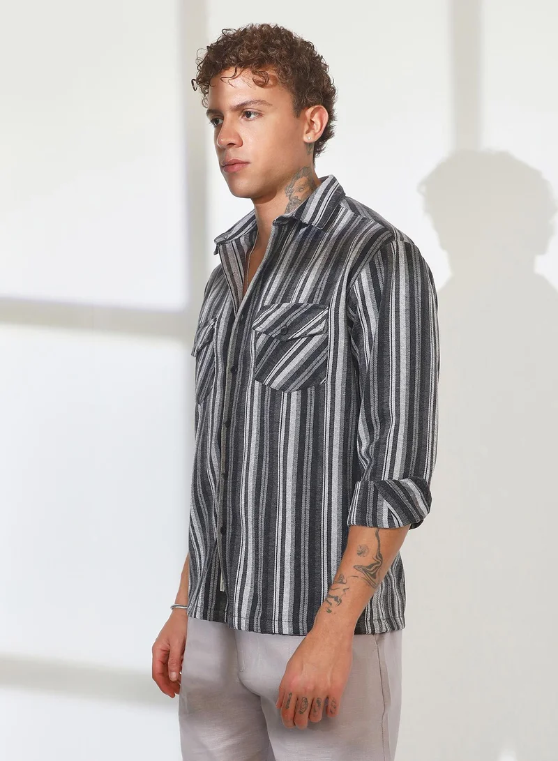 CAHOOT  Men's Charcoal Grey Multitrack Striped Oversized Shirt for Men | Best Price UAE