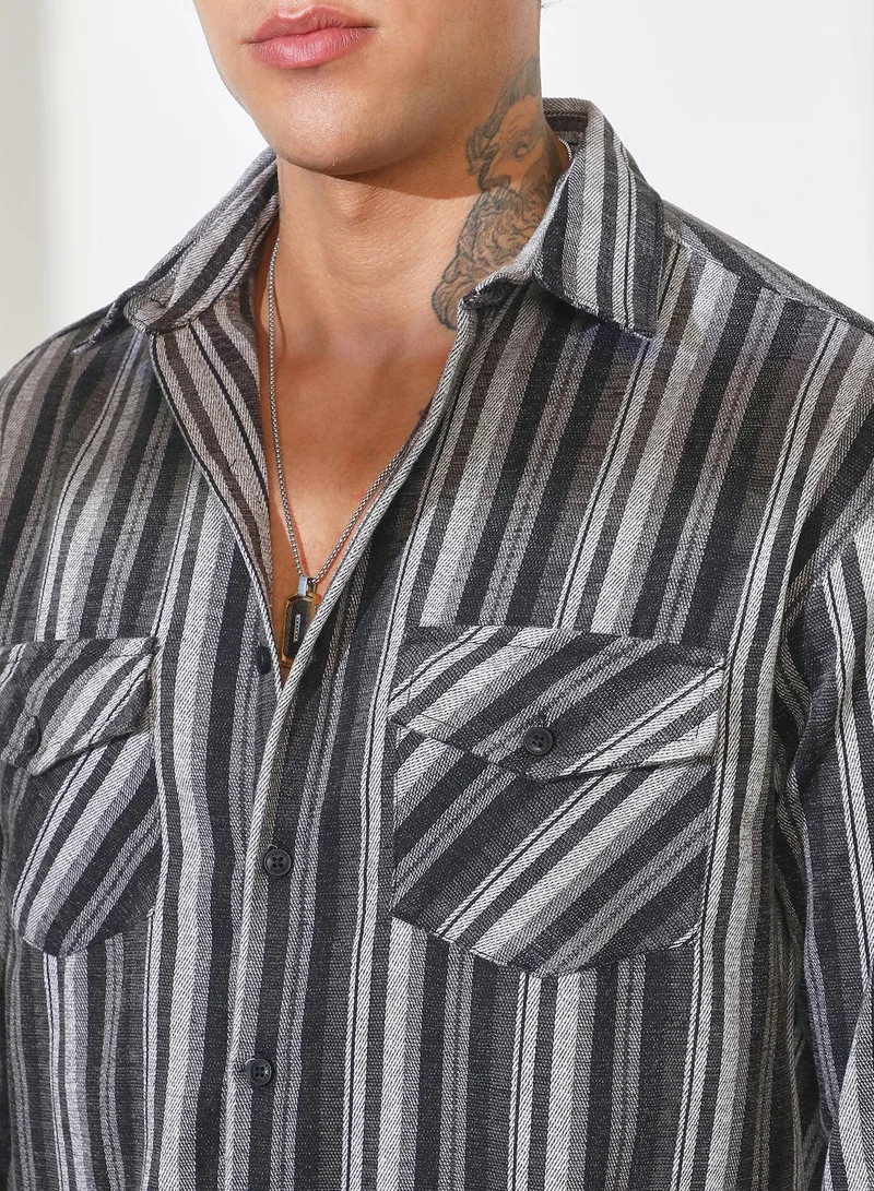 CAHOOT  Men's Charcoal Grey Multitrack Striped Oversized Shirt for Men | Best Price UAE