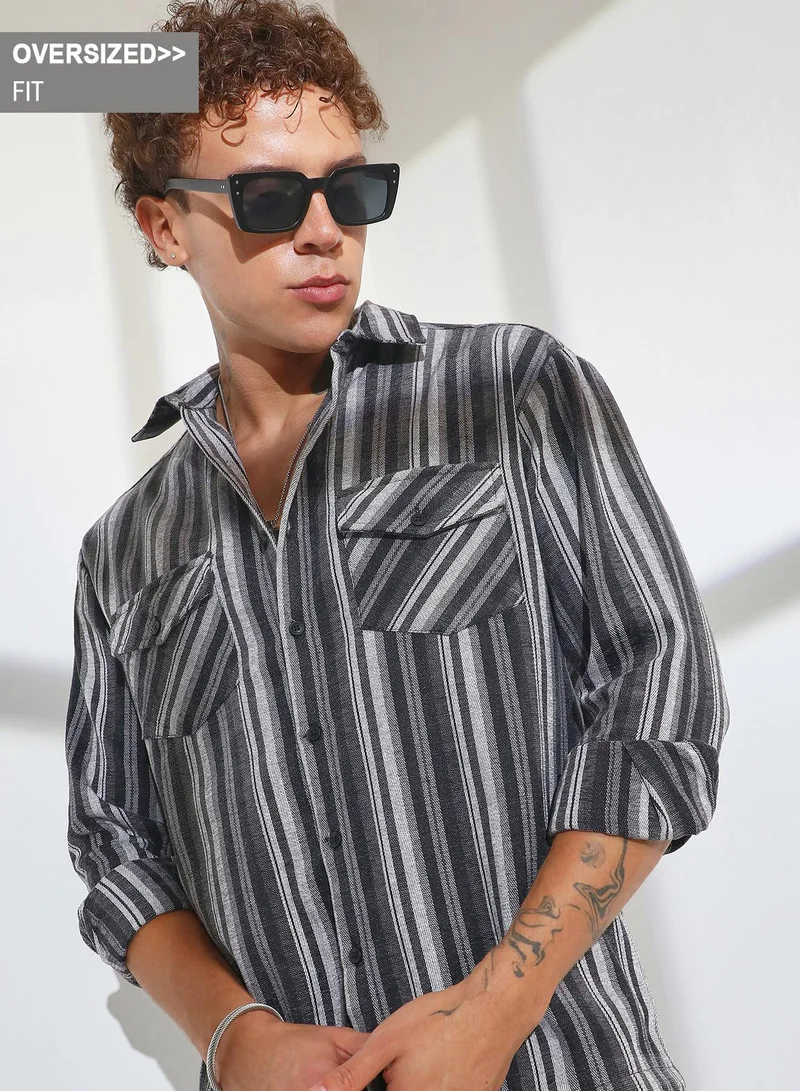 CAHOOT  Men's Charcoal Grey Multitrack Striped Oversized Shirt for Men | Best Price UAE