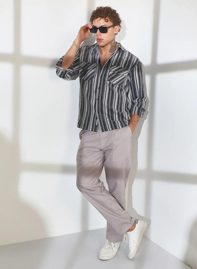 CAHOOT  Men's Charcoal Grey Multitrack Striped Oversized Shirt for Men | Best Price UAE