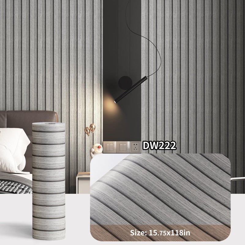 Haimin Wood Grain Slat Wall Panels Peel and Stick Faux Wood Thick Wallpaper 118"x15.75" Waterproof PET & IXPE Foam Paneling (Light Gray) - Image 2