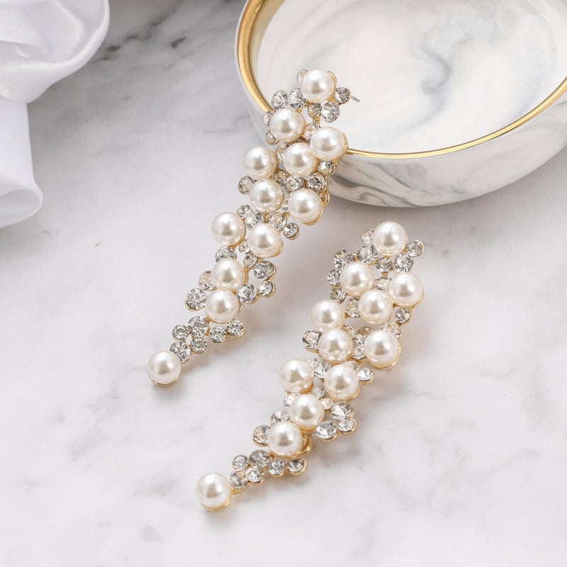 BriLove Long Large Wedding Bridal Earrings for Women Simulated Pearl Crystal Multi Beaded Cluster Chandelier Statement Dangle Jewelry Ivory Color - Image 4