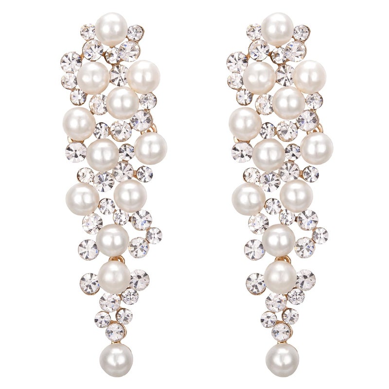 BriLove Long Large Wedding Bridal Earrings for Women Simulated Pearl Crystal Multi Beaded Cluster Chandelier Statement Dangle Jewelry Ivory Color - Image 1