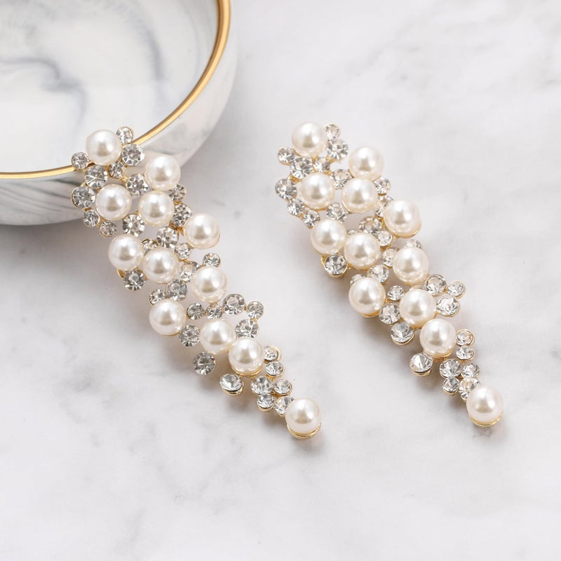 BriLove Long Large Wedding Bridal Earrings for Women Simulated Pearl Crystal Multi Beaded Cluster Chandelier Statement Dangle Jewelry Ivory Color - Image 5