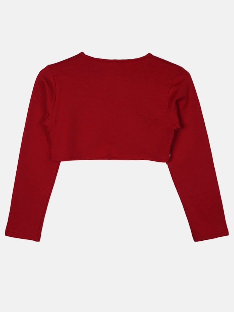 KiddoPanti Girls Crop Length Shrug | Cotton Poly Fleece Fabric |Sequin Patch on Chest | Front Open Pearl Button Closure | Crop Length, Full Sleeve | Girls Shrug,Red Heart - 12-14Y - Image 3