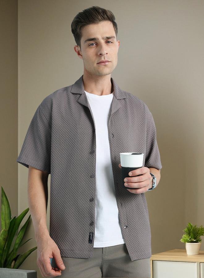 Dennis Lingo Men's Dark Grey Cotton Blend Textured Relaxed Shirt  - Image 2