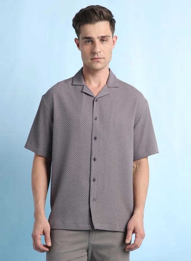Dennis Lingo Men's Dark Grey Cotton Blend Textured Relaxed Shirt