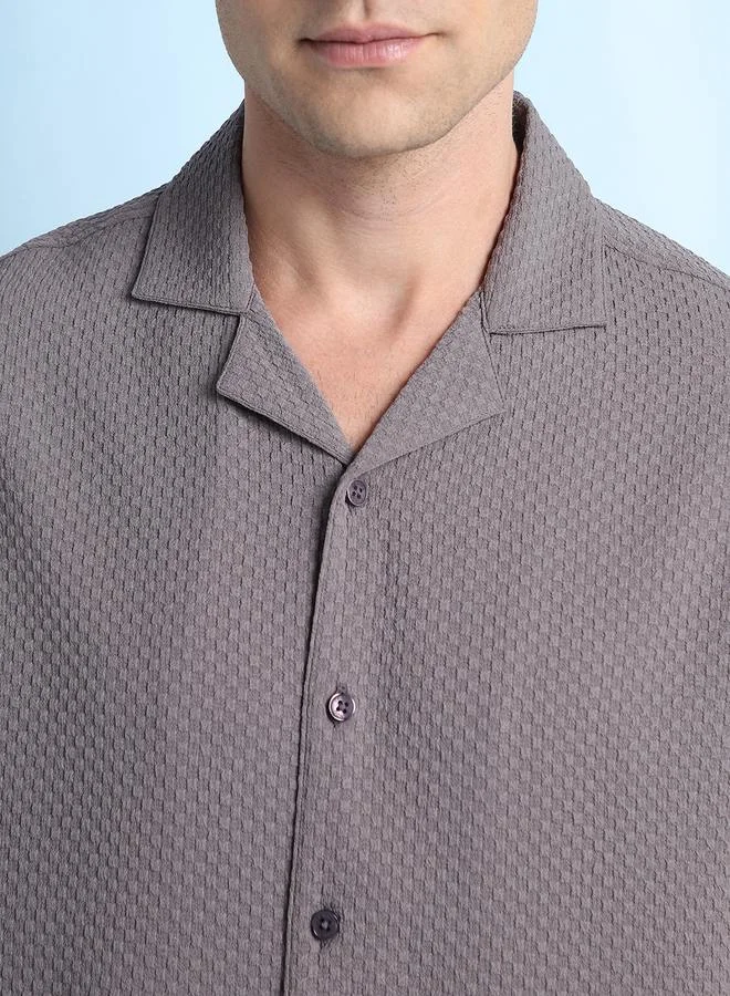 Dennis Lingo Men's Dark Grey Cotton Blend Textured Relaxed Shirt