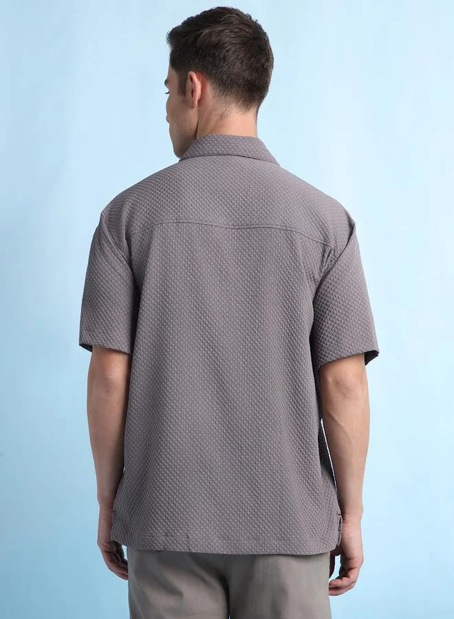 Dennis Lingo Men's Dark Grey Cotton Blend Textured Relaxed Shirt