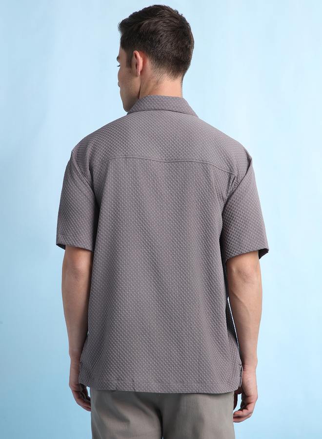 Dennis Lingo Men's Dark Grey Cotton Blend Textured Relaxed Shirt  - Image 5