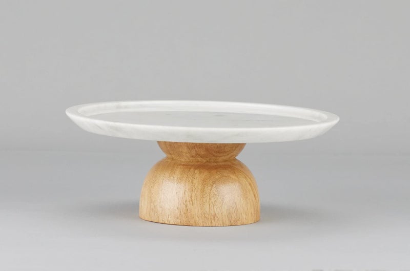 Stone Essential Clara Wooden Single Tier Dessert Stand | Marble and Wood Cake Stand | Cake Platter (10-inch) - Image 1