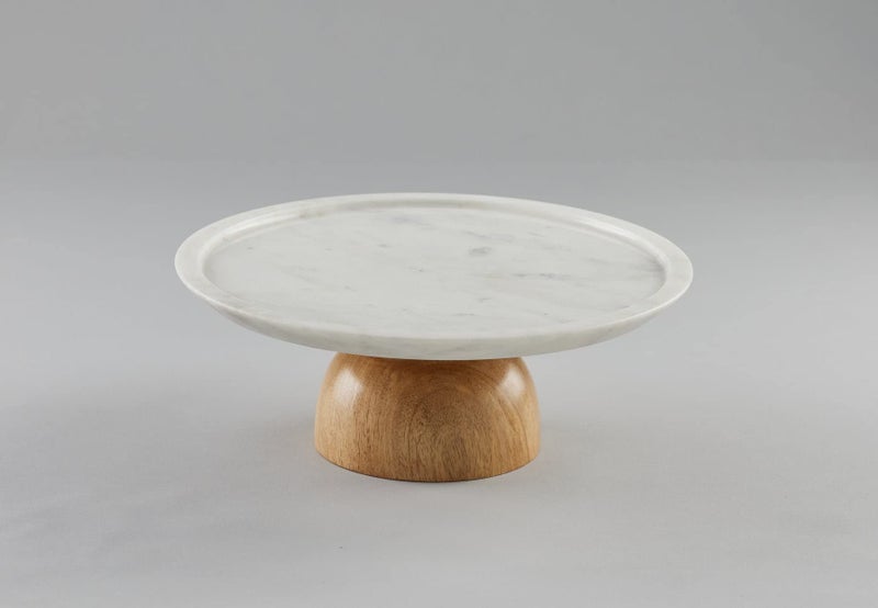 Stone Essential Clara Wooden Single Tier Dessert Stand | Marble and Wood Cake Stand | Cake Platter (10-inch) - Image 2