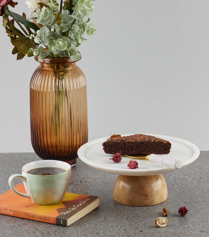Stone Essential Clara Wooden Single Tier Dessert Stand | Marble and Wood Cake Stand | Cake Platter (10-inch) - Image 4