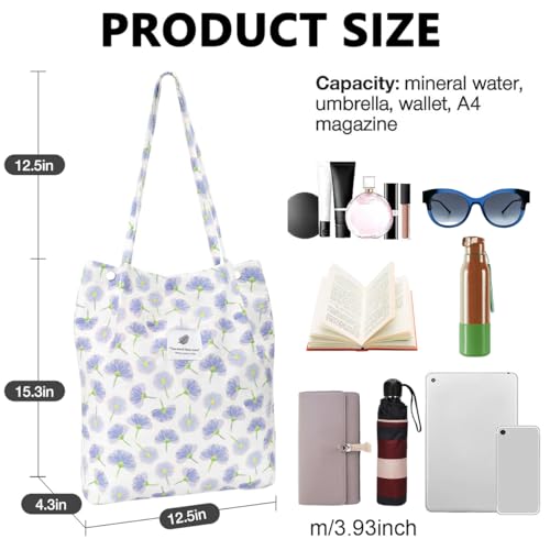 Street27 Womens Korean Canvas Corduroy Tote Bag Casual Work Shoulder Handbags|Multi-Purpose Bag |Sturdy Canvas Bag With Large Capacity|Shopping Bag For Office, College & Daily Use (Purple Flower) - Image 3