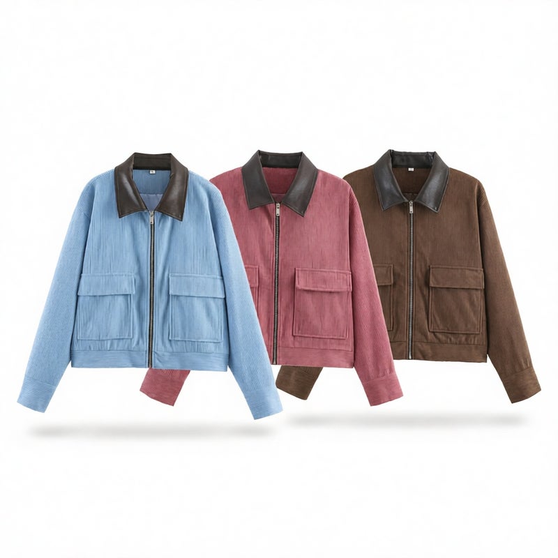 Fashion Corduroy Patchwork Leather Collar Jacket Women Outerwear - Image 1