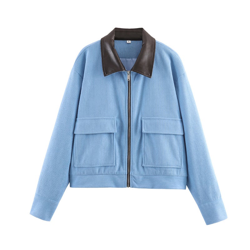Fashion Corduroy Patchwork Leather Collar Jacket Women Outerwear - Image 2