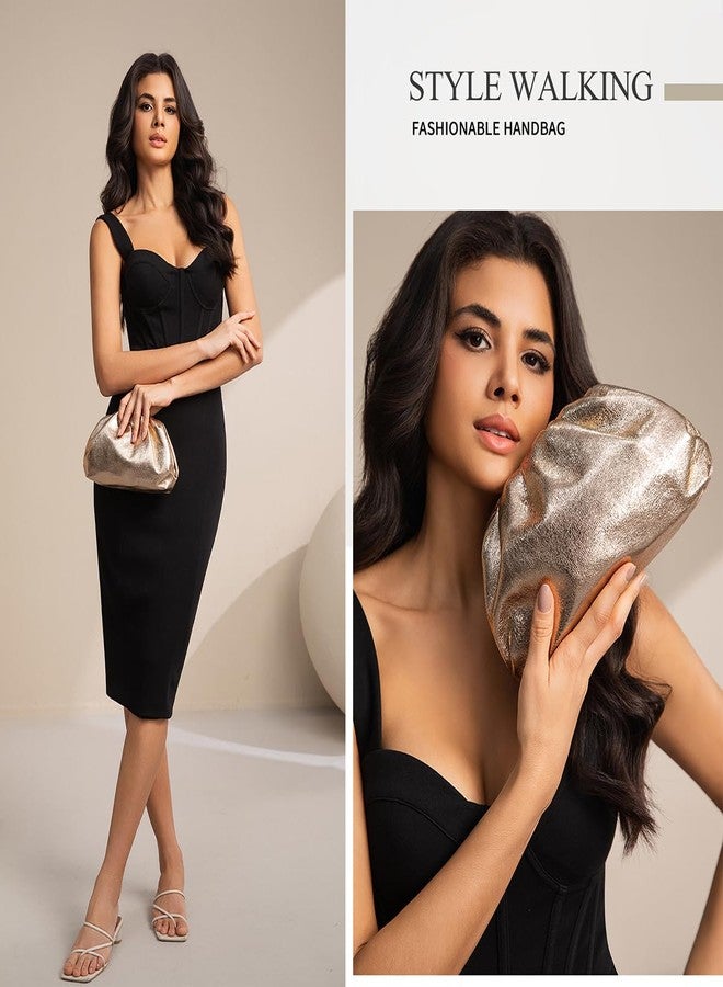 PHILOMENA Dressy Vegan Leather Clutch Purse for Women, Soft Pleated PU Evening Bag Dumpling Pouch for Weddings Proms (Gold) - Image 2