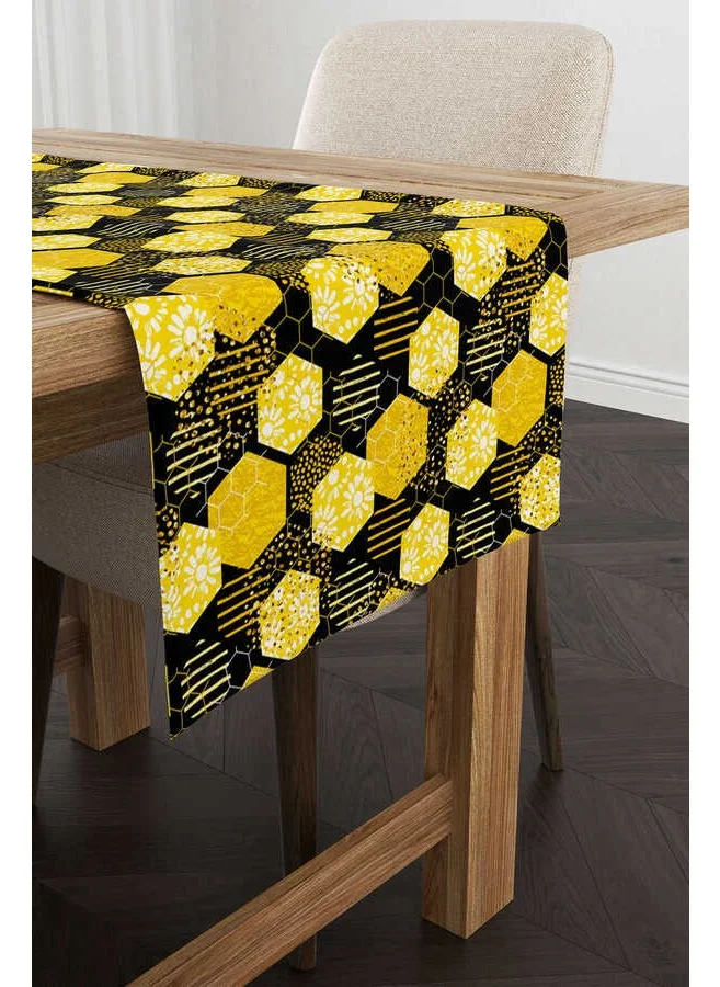 Cango Home Yellow Black Honeycomb Daisy Patterned Digital Printed Runner CGH1192-RN