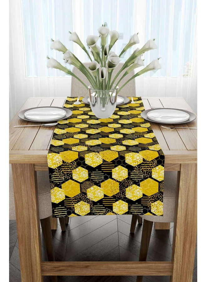 Cango Home Yellow Black Honeycomb Daisy Patterned Digital Printed Runner CGH1192-RN