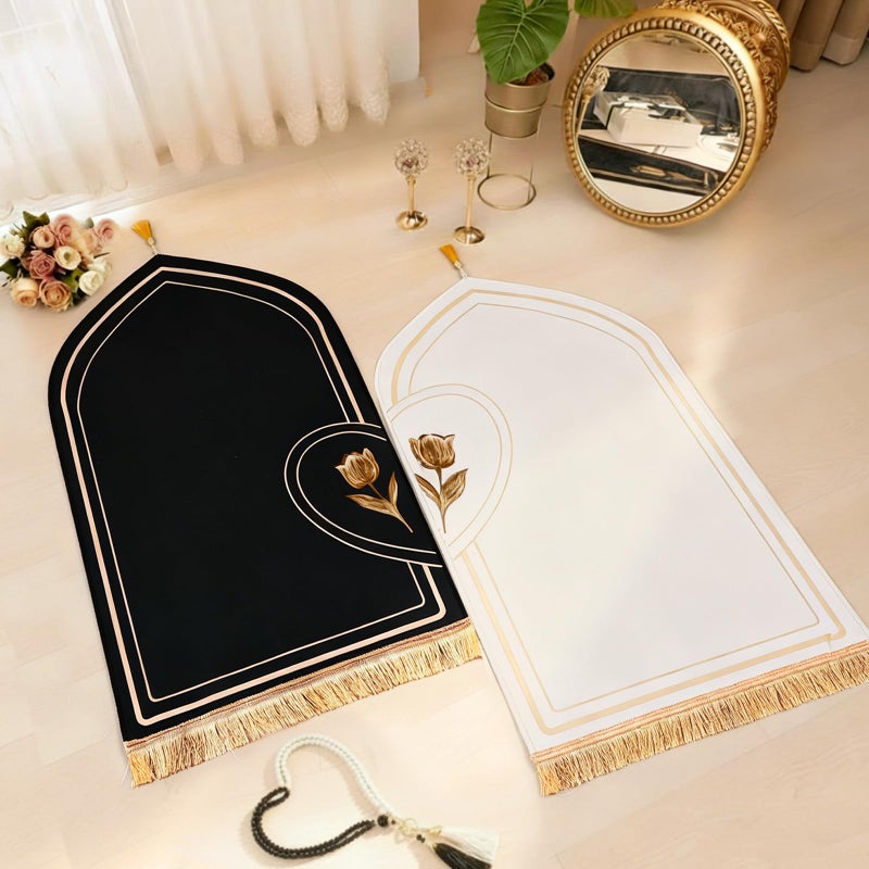 Drydiet 2 Pcs Muslim Couple Prayer Rug Set Heart Design with 2 Pcs Prayer Beads Islamic Muslim Gift Black and White Travel Mat Soft Velvet Mat for Couple Women Men Ramadan Eid Wedding Birthday - Image 2